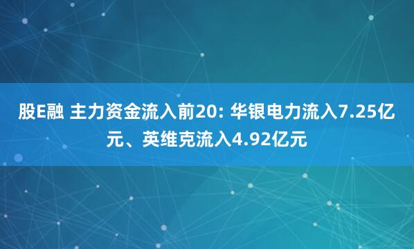 股E融 主力资金流入前20: 华银电力流入7.25亿元、英维克流入4.92亿元
