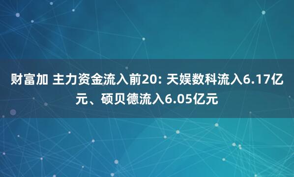 财富加 主力资金流入前20: 天娱数科流入6.17亿元、硕贝德流入6.05亿元